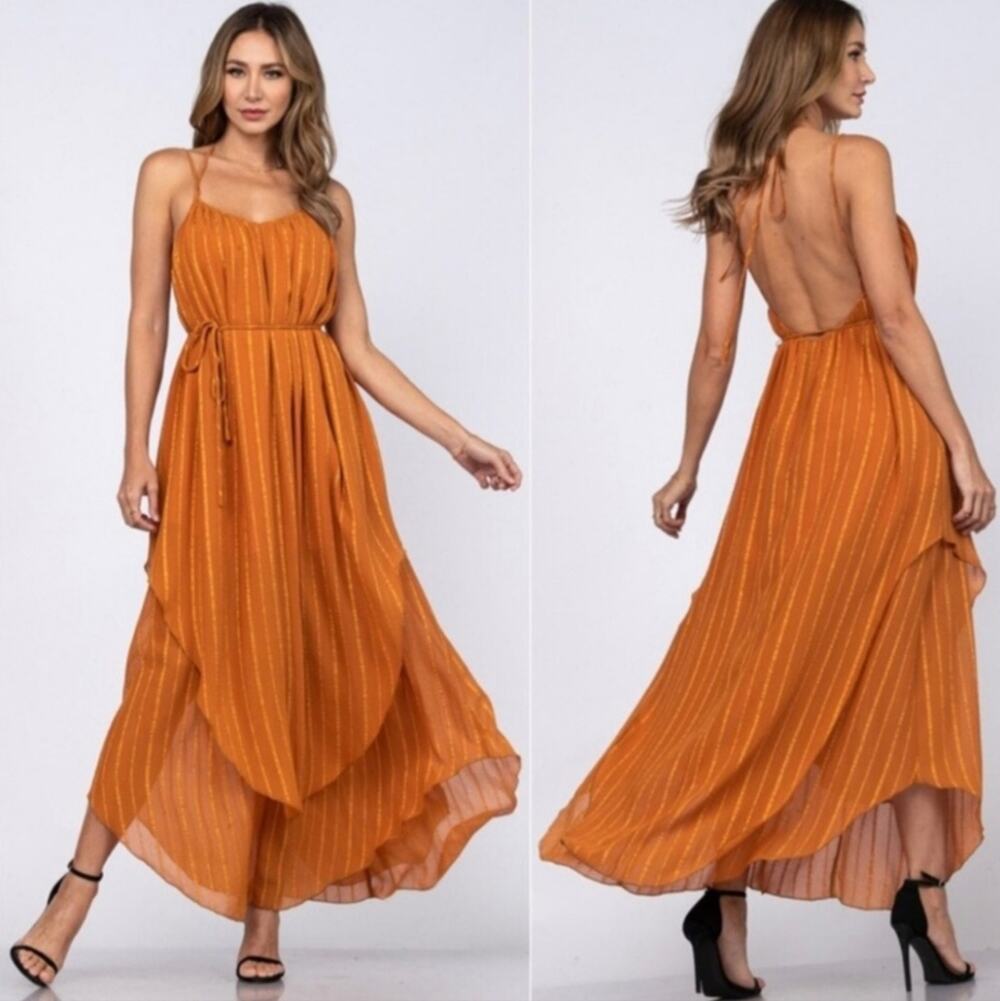 Fanco Metallic Stripe Halter Maxi Dress Open Back Burnt Orange Caramel Boho M S